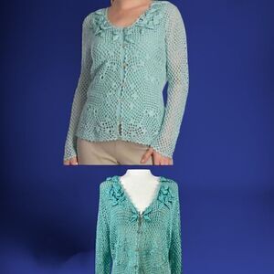 Modern Soul Blue Linen Cotton Open Knit Crochet Button Up